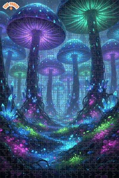 Teona Ahşap Enchanted Mushroom Forest Digital Art Double Layer Framed Wooden ...