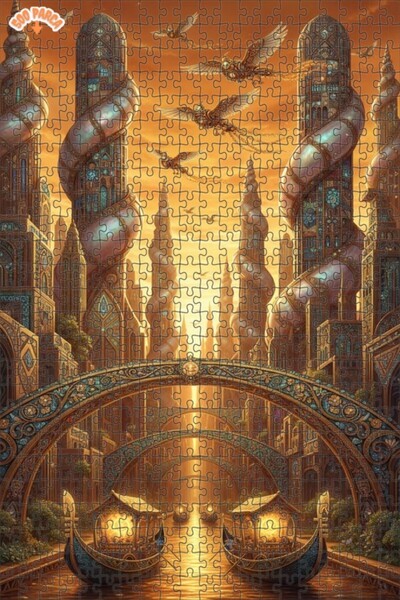 Teona Ahşap لغز فني بمظهر لوحة زيتية لطيور طائرة في مدينة ذهبية 500 قطعة 50×30