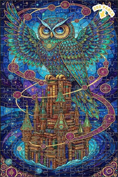 Teona Ahşap لغز خشبي مؤطر بطبقتين بتصميم فني من الزجاج الملون على شكل بومة ال...