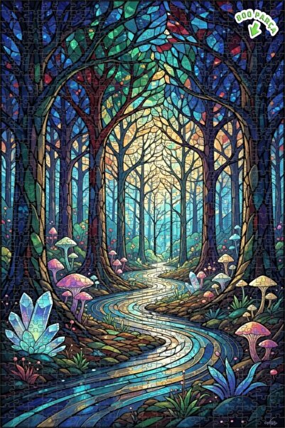 Teona Ahşap لغز خشبي فني من الزجاج الملون بتصميم الغابة السحرية 800 قطعة 70×50