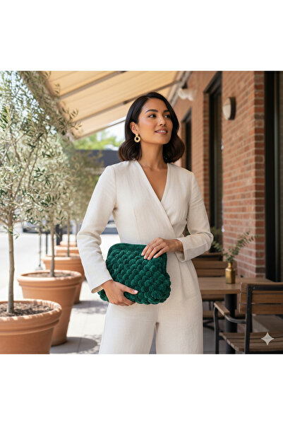 BYGİZMO Popcorn Model El Yapımı Yeşil Örgü Çanta / Portfoy Clutch