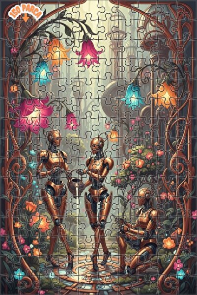 Teona Ahşap Art Nouveau Robot Garden Watercolor Look Double Layer Framed Wood...