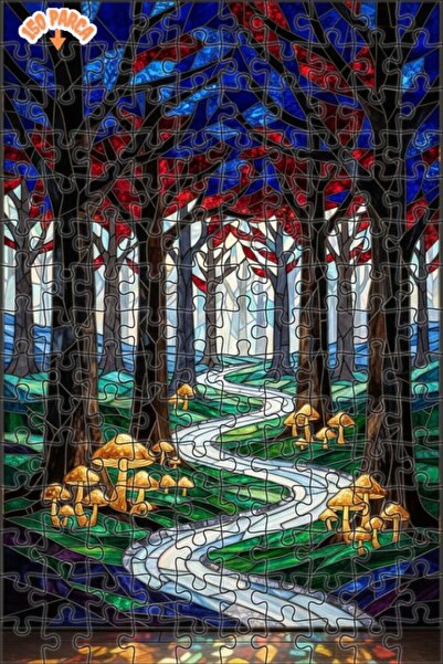 Teona Ahşap لغز خشبي مؤطر ذو طابقين بمظهر فني من الزجاج الملون لطريق الغابة ا...