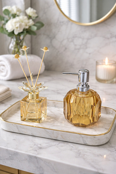 sahane & bazaar Sıvı sabunluk ve kristal taşlı koku şişesi banyo seti sabunluk