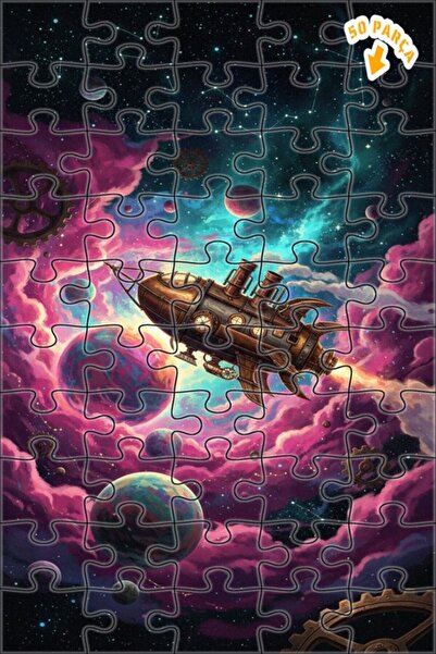 Teona Ahşap Steampunk Rocket Galaxy Journey Oil Painting Double-Deck Framed W...