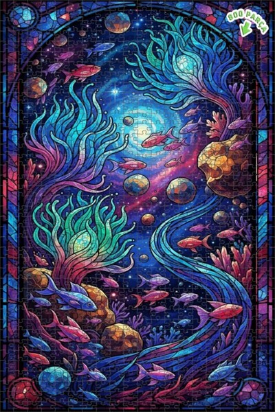 Teona Ahşap Galaxy Aquarium Glass Mosaic Look Double-Decker Framed Wooden Puz...