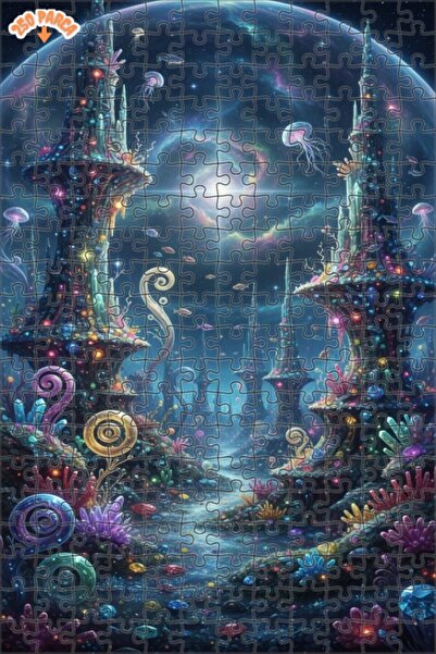 Teona Ahşap Fantastic Galaxy City Oil Painting Look Double Layer Framed Woode...