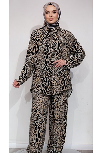 EB SCARF Leopard Patterned Satin Silk Double Set