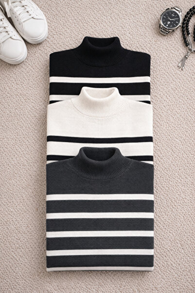 MELLORENZO 3-Piece Striped Unisex Winter Turtleneck Knit Sweater Knitted High...