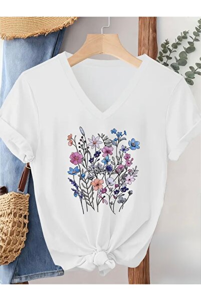 FUFLUNS Colorful Flowers Printed Women's Oversize V-Neck T-Shirt