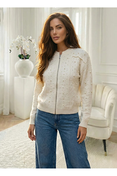 UniqueStore.ro Elegant cream cardigan with zipper and pearl applications