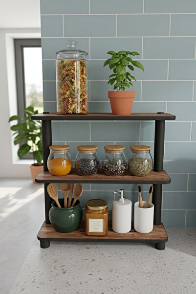 RAVILO Tezgah Üstü 3 Katlı Dikdörtgen Dekoratif Raf Ceviz