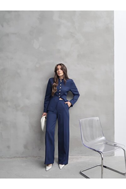 Swass Jewel Buttoned Judge Collar Jacket Palazzo Pants Sets Navy Blue