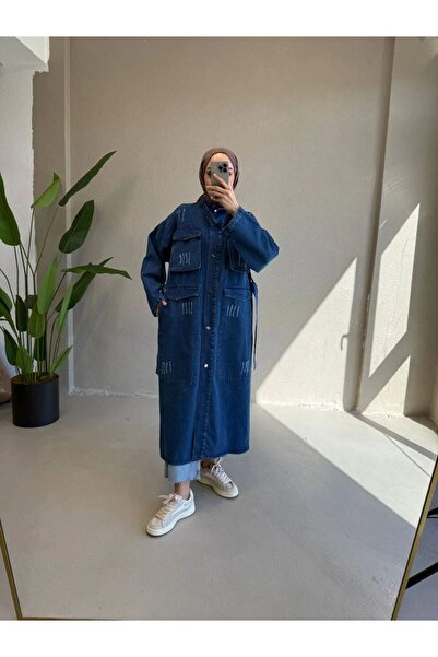 modayaselam Long Denim Trench Coat