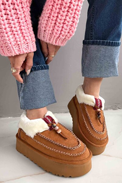 Shoebutik Γυναικείες μπότες Pixy Tan Suede με λεπτομέρεια ραφής από γούνα