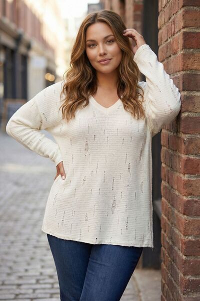 Stil Diva Büyük Beden Yırtık Detaylı Ekru Triko Kazak 89-139