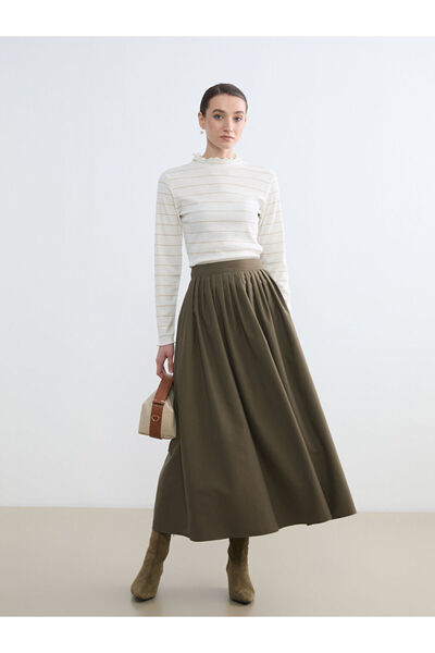 LC Waikiki Khaki Zippered Pleated Skirt