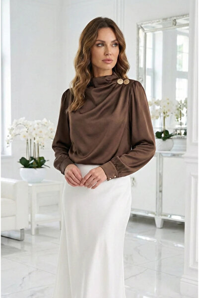 UniqueStore.ro Elegant brown satin blouse with draped neckline and decorative...
