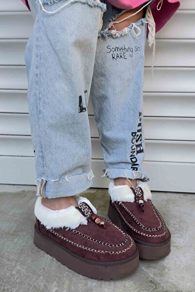 Shoebutik Pixy Bitter Brown Suede Stitching Detailed Furry Women's Boots