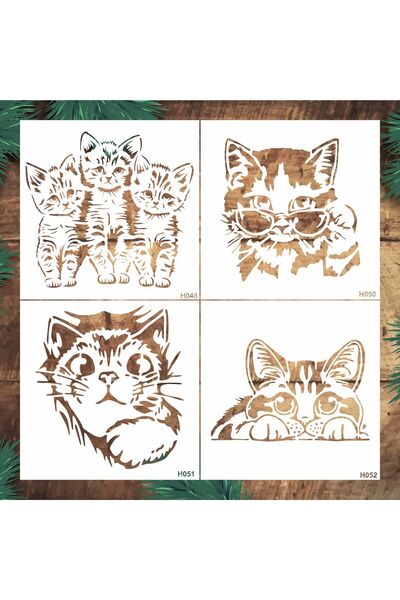 STENCİLTASARIM Stencil Tasarım H053 20x20cm 4 lü Kedi Stencil SET49 Duvar, Eş...