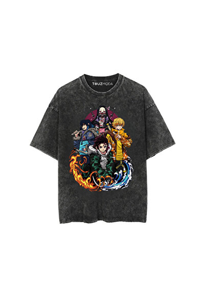 Le Savu Washable Anime Demon Slayer Printed Unisex Oversized Vintage T-Shirt