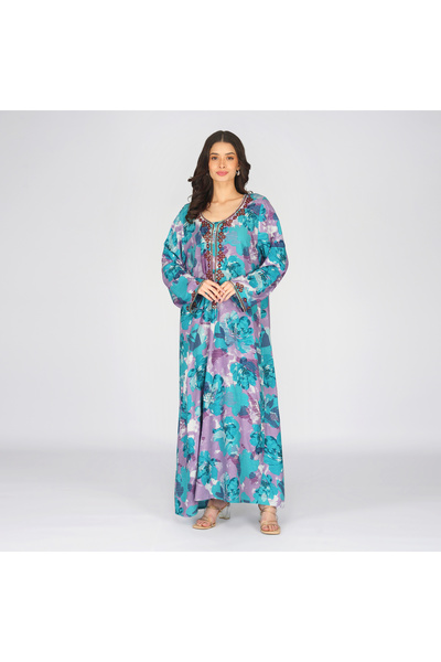 LINELLE جلابية زرقاء لافندر مطبوع بنقوش زهرية مع تطريز عنابي