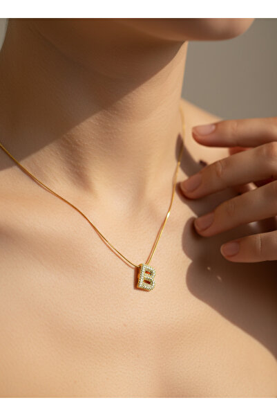 GKCBijoux 316L Çelik Gold Renk Zirkon Taşlı B Harf Kolye - Kişiye Özel İsim B...