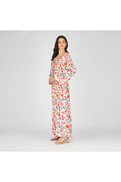 LINELLE White Multicolor Floral Printed Jalabiya with Embroidered Neckline