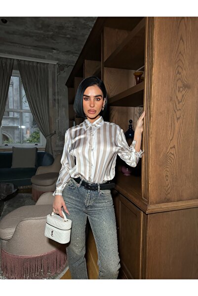 MEECY Multi-Colored Vertical Striped Premium Satin Shirt - Retro Chic Design