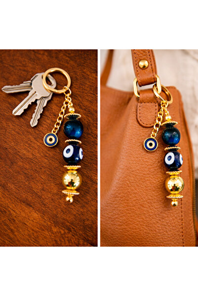 Talia&Talia Nazar Bead Keychain – Bag Accessory – Gold Detailed Evil Eye Luck...
