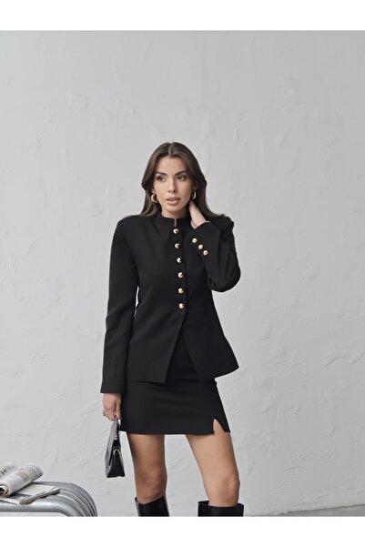 Swass Millie Gem Buttoned High Neck Mini Skirt Set Black