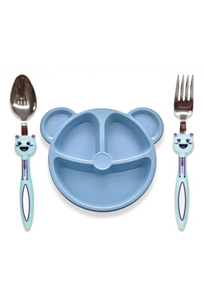 MorOflan Lüx 3 Parça Tavşan Figürlü Çocuk Çatal Kaşık Ve Mama Tabağı Seti [ M...