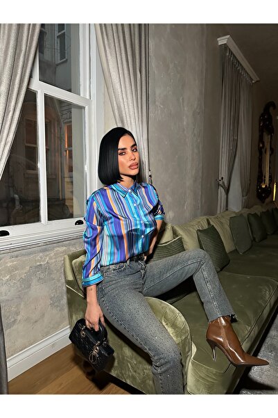 MEECY Multi-Colored Vertical Striped Premium Satin Shirt - Retro Chic Design