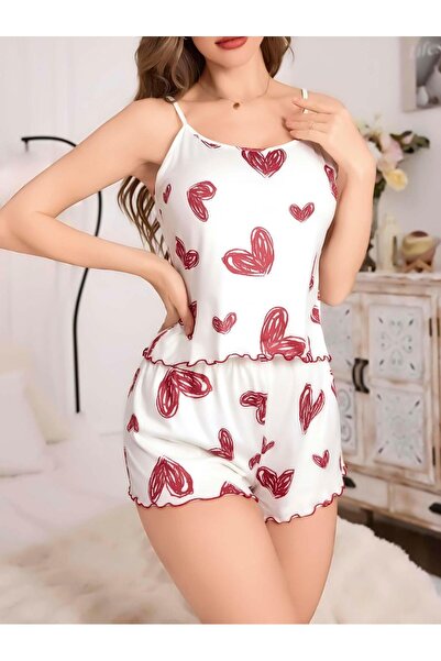 İntive Lingerie Women's White Heart Patterned Shorts Nightgown Pajama Set 5052