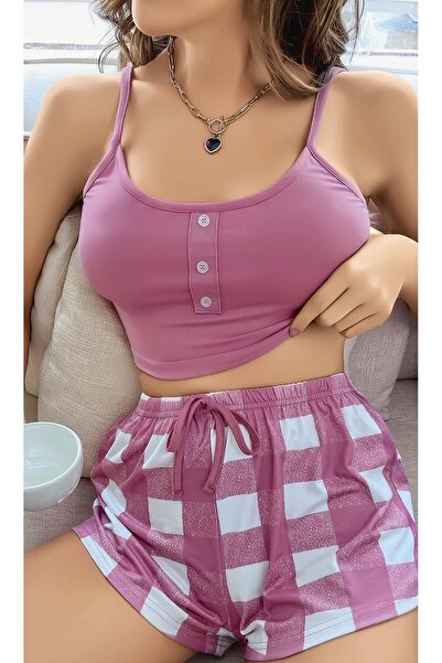 İntive Lingerie Women's Pink Check Patterned Strap Shorts Pajamas Suit 5003