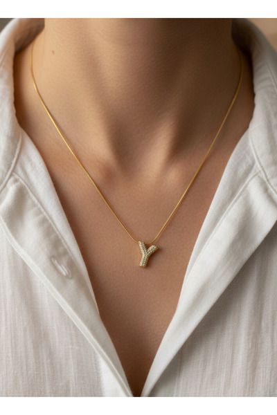 GKCBijoux 316L Çelik Gold Renk Zirkon Taşlı Y Harf Kolye - Kişiye Özel İsim B...