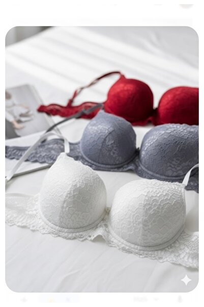 TREND DOKUNUŞ KADIN DOLGUSUZ İÇİ BOŞ DANTELLİ KIRMIZI-GRİ-EKRU 3'LÜ SÜTYEN TA...