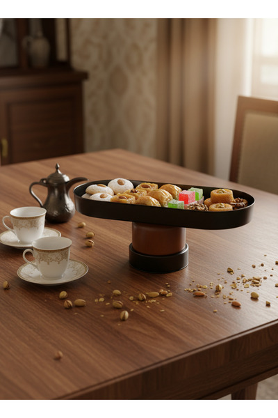 Living 29 cm Oval Metal Serving Tray with Cylindrical Base in Black and Bronz...