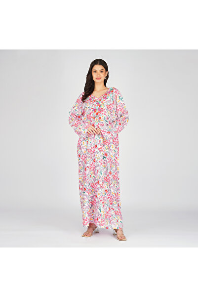 LINELLE جلابية بيضاء متعددة الألوان مطبوع بنقوش زهرية مع ياقة مطرزة