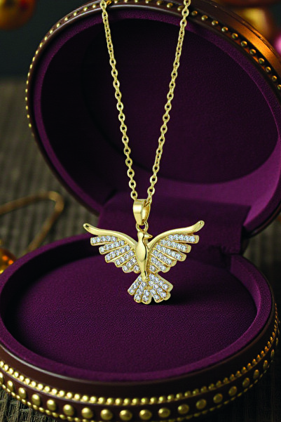 Bizle Tasarla Anka Kuşu Gold Renk Zirkon Taşlı Çelik Kolye , Sevgililer Günü,...