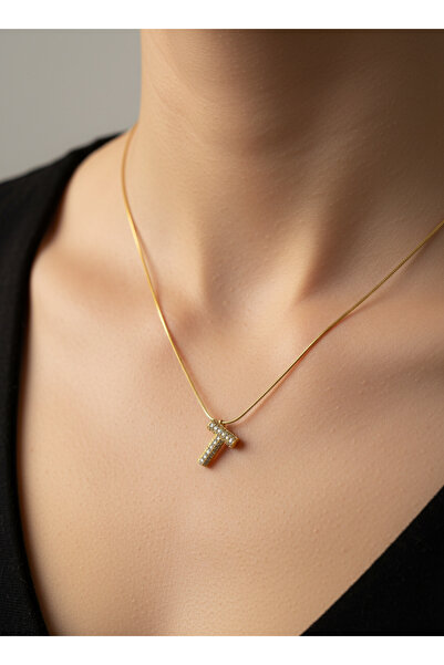 GKCBijoux 316L Çelik Gold Renk Zirkon Taşlı T Harf Kolye - Kişiye Özel İsim B...