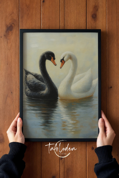 tablodea Pictură decorativă vintage cu tematică de dragoste, cu lebădă alb-ne...