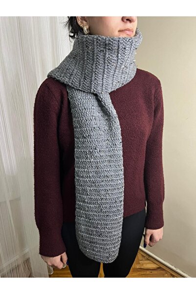 Öztürk Eșarfă tricotată manual de culoare gri 195 x 30 cm.