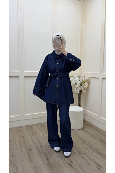 Minharir طقم مكون من قطعتين مع حزام من الدنيم - قصة عصرية، مزيج أنيق ومريح