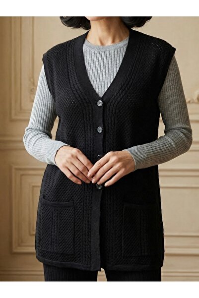 tiriTEK TRİKO Mercerized Hair Knit Patterned Mother's Vest / Black