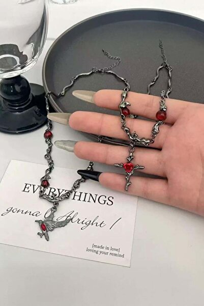 Karakedi Silver Vampire Aesthetic Red Rose Detailed Cross and Bird Figured Ne...
