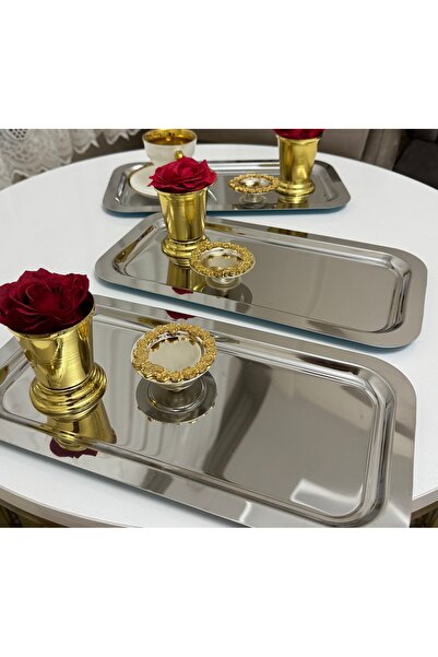 Elzemm store 3 Models of 3-Piece Steel Large Tray Set, Gold Rose Bowl and Sil...