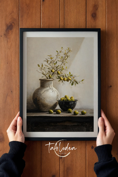 tablodea Pictură de bucătărie cu tematică vintage cu măsline, stil natură moa...