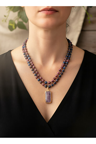 elinasaccessories Akik Doğal Taş Kolye Kadın Çift Çoklu Bordo Mavi Boncuklu E...