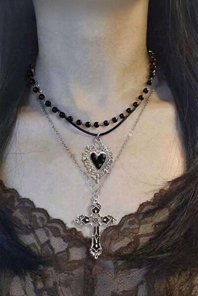 Karakedi Siyah 3'lü Set Gotik Hac Kolye ve Siyah Boncuklu Kalp Gerdanlık Kolye
